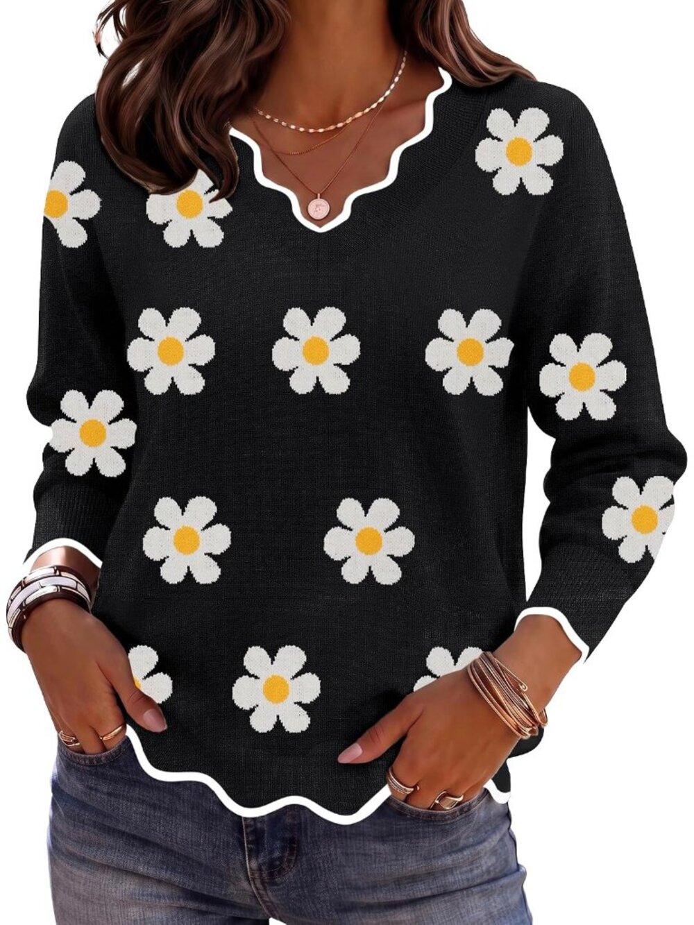 Women's 2026 Fall Floral V-Neck Sweater - Lightweight & Stylish